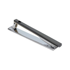 Gleaming paper cutter in stainless steel with a dark grey handle presents a sleek office tool, ideal for business presentations, design projects, and crafting needs on the transparent background.