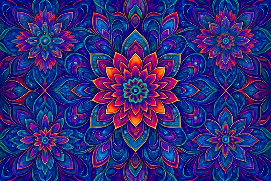 Vibrant kaleidoscopic floral mandala pattern symmetrical