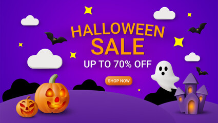 3D vector illustration rendering of Halloween pumpkin, floating ghost, castle, flying bats, clouds, stars and the text HALLOWEEN SALE UP TO 70% OFF with orange Shop Now button.Holiday shopping concept
