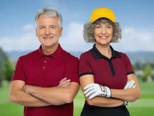 Senior couple, smiling confidently while posing together on a golf course, wearing matching red polo shirts and golf gloves, showcasing their passion for the sport and active lifestyle