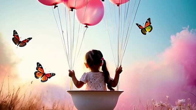 A young girl in a teacup, suspended by delicate balloon strings against a dreamy, pastel-colored landscape
