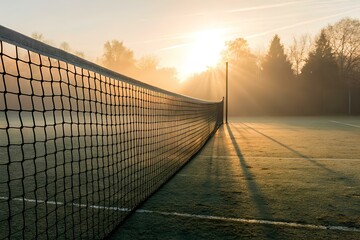Tennis net on an outdoor court with morning sunlight breaking through fog and trees in early dawn, creating dramatic shadows and a peaceful athletic atmosphere