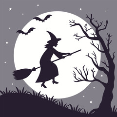 Black silhouette of a witch flying on a broomstick in vector style. Perfect for Halloween designs, spooky invitations, horror-themed posters, party decor, and magical illustrations. 