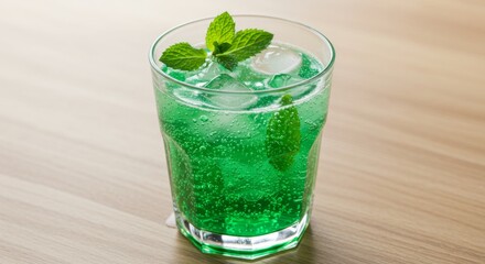 Refreshing Green Mint Cocktail with Ice in Glass