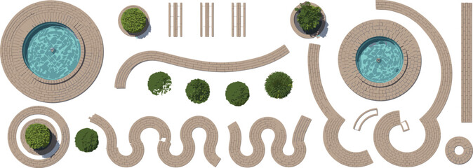Top view garden design, curved brick paths, round water fountains, landscaping elements, architectural layout, circular seating, plant pots, outdoor planning, modern park layout