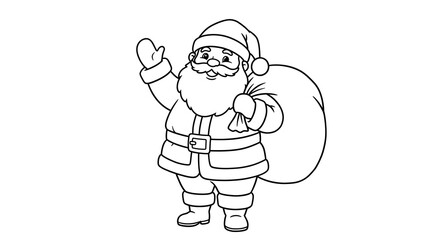 Coloring page illustration of Santa Claus waving with a gift sack on his back &mdash; entirely in black outline, no color, clean white background.

