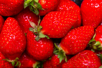 lots of fresh strawberries with water drops on black background