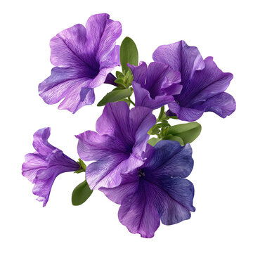 Stunning close up of purple petunia flowers with detailed veins against a transparent background