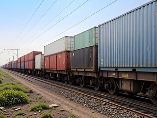 Fototapeta premium A long freight train carrying shipping containers on a railway track under a clear blue sky outdoors