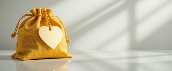 A Yellow Fabric Pouch with Gold Paper Tag.