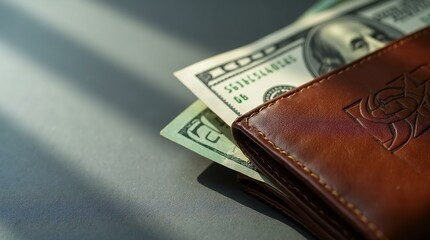 Classic Leather Wallet with Stack of Dollar Bills.