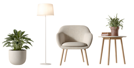 A realistic photo of an interior design concept, featuring a floor lamp with a white metal pole and a beige fabric chair next to it, and a side table in a light wood color holding green plants.