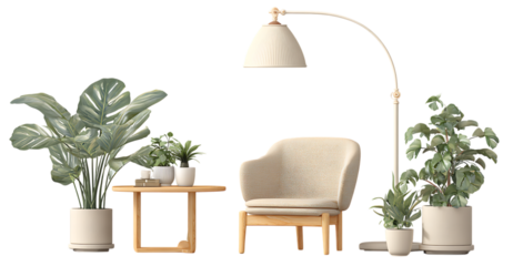 A realistic photo of an interior design concept, featuring a floor lamp with a white metal pole and a beige fabric chair next to it, and a side table in a light wood color holding green plants.