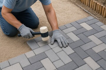 Man expertly installs gray concrete pavers in herringbone pattern, crafting a durable walkway using a mallet and demonstrating landscaping skill.