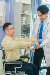 Physical therapy with dumbbells and elderly man with nurse for rehabilitation, support and...