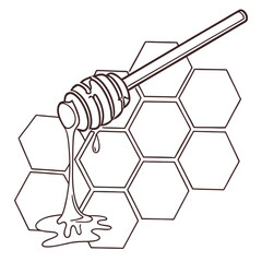 Fototapeta premium Illustration of honey dipper dripping honey onto a honeycomb pattern in black and white outline style