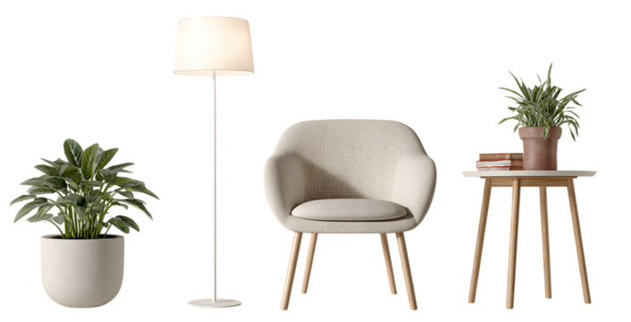 A realistic photo of an interior design concept, featuring a floor lamp with a white metal pole and a beige fabric chair next to it, and a side table in a light wood color holding green plants.