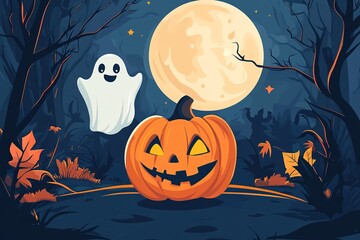 Cute Pumpkin Ghost Full Moon Halloween Graphic Element, Kids Party Game Card Educational Material