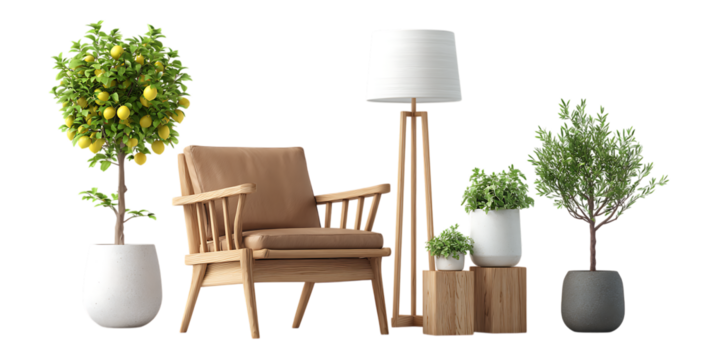 A realistic photo of an interior design concept, featuring a floor lamp with a white metal pole and a beige fabric chair next to it, and a side table in a light wood color holding green plants.