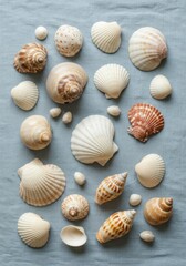 Seashell Collection on Grey Textured Background
