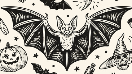 Illustration of halloween themed elements including a bat pumpkin and skull with a hat design