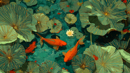 Abstract lotus pond with golden fish, top-down perspective