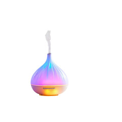 Aromatherapy diffuser emits a gentle mist, showcasing soothing colors and a sleek design against a contrasting transparent background, ideal for promoting relaxation and creating a serene atmosphere.