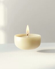 candle partially burned, floating on white surface, visually balanced mockup, productinuse concept