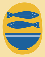 Fish and Bowl Plate. Abstract Graphic Mediterranean Amalfi Style Minimalist Art. Seafood Restaurant or Cafe Menu Background. Vintage Vibrant Graphic Food  Drink Theme. Tourism Agency card Invitation 