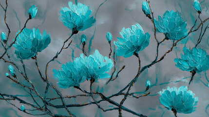 Abstract turquoise flowers with dark branches