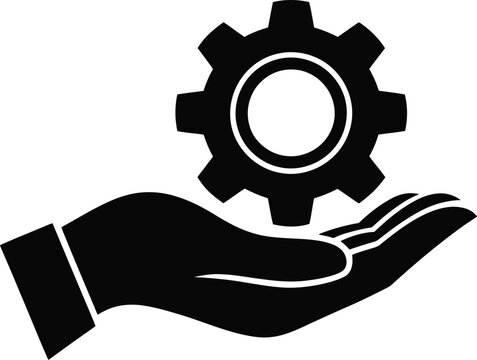 Black and white illustration of a hand holding a gear symbolizing support maintenance engineering or a helping hand in technical or mechanical processes and solutions