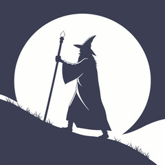 Black silhouette of a wizard holding a staff in vector style. Ideal for fantasy illustrations, magical themes, gaming graphics, storybook covers, Halloween art, mystical posters