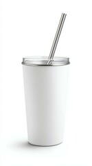 tumbler with straw inserted, pure white studio setting, highend branding style, subtle natural shadows