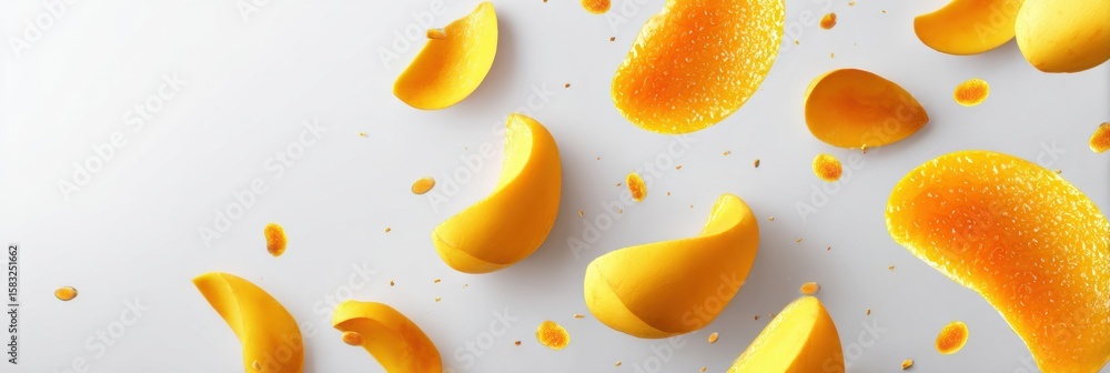 Poster floating mango slices create a vibrant display with realistic drop shadows on a clean background