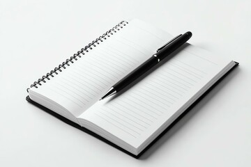 notebook open with pen on top, clean minimal white backdrop, productinuse concept, studiograde lighting