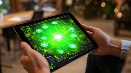 Person is holding a tablet with a green screen.digital tablet displaying net-zero portfolio map, bright green hotspots, sustainable energy stocks - Powered by Adobe