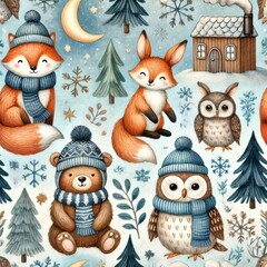 Cartoon winter animals including foxes, owls, and bear in scarves and hats with snowy trees, moon, house, and snowflakes on light blue background. Seamless watercolor pattern for children. 