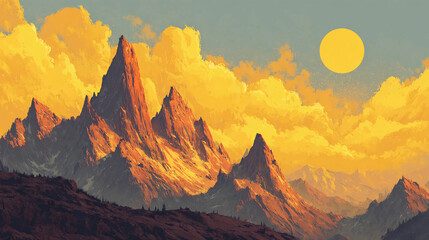 Ancient mountains and yellow sky, stylized art