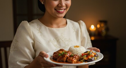 Woman offering plate of food