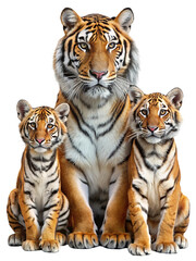 Obraz premium Majestic tiger family portrait featuring a large adult tiger sitting with two adorable cubs isolated on transparent background