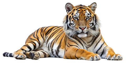 Majestic bengal tiger with striking orange fur and black stripes lying down peacefully isolated on transparent background