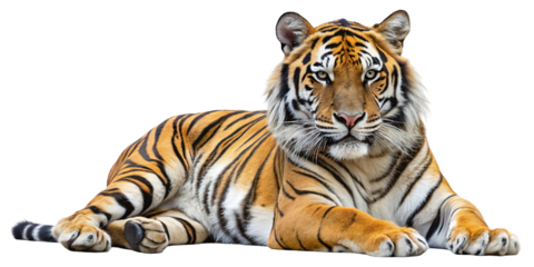 Majestic bengal tiger with striking orange fur and black stripes lying down peacefully isolated on transparent background