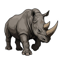Gray Rhinoceros Illustration with Large Horns Standing in Neutral Setting