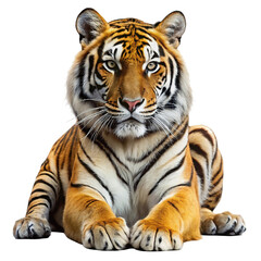 Naklejka premium Close up portrait of a majestic bengal tiger with striking orange fur and black stripes resting peacefully on a transparent background isolated on transparent background