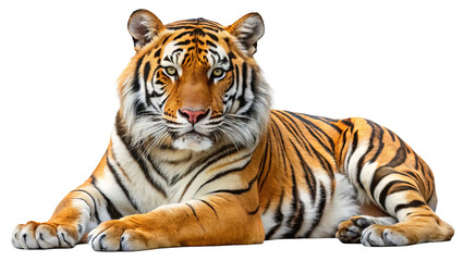 Obraz premium Majestic bengal tiger with striking orange and black stripes resting peacefully isolated on transparent background