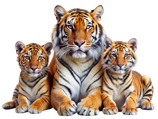 Majestic bengal tiger mother sits with her two adorable cubs showing their faces and paws isolated on transparent background © Md