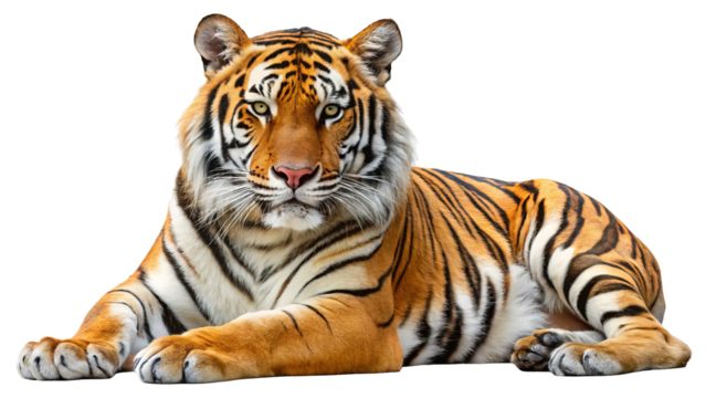 Majestic bengal tiger with striking orange and black stripes resting peacefully isolated on transparent background