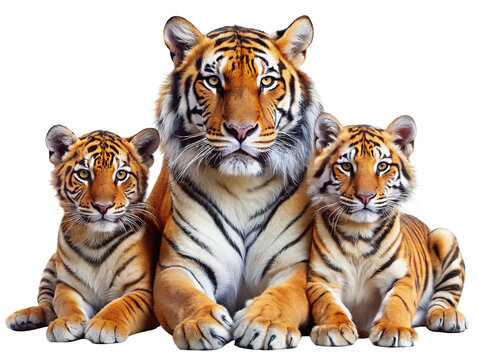 Majestic bengal tiger mother sits with her two adorable cubs showing their faces and paws isolated on transparent background