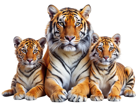 Majestic bengal tiger mother sits with her two adorable cubs showing their faces and paws isolated on transparent background