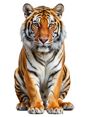 Obraz premium Majestic bengal tiger sitting proudly with intense gaze isolated on transparent background